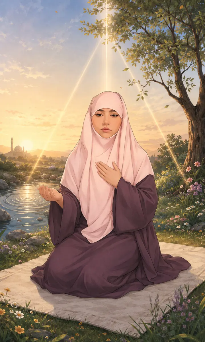 Femme dans un paysage calme, la main sur le cœur